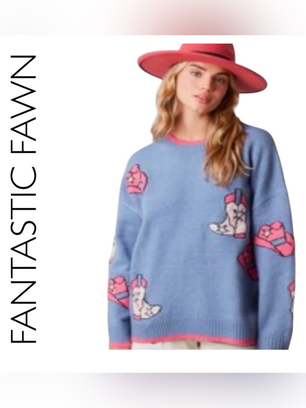 Fantastic Fawn Med Blue/Grey Sweater with Pink Cowboy Boot & Hat Design Med